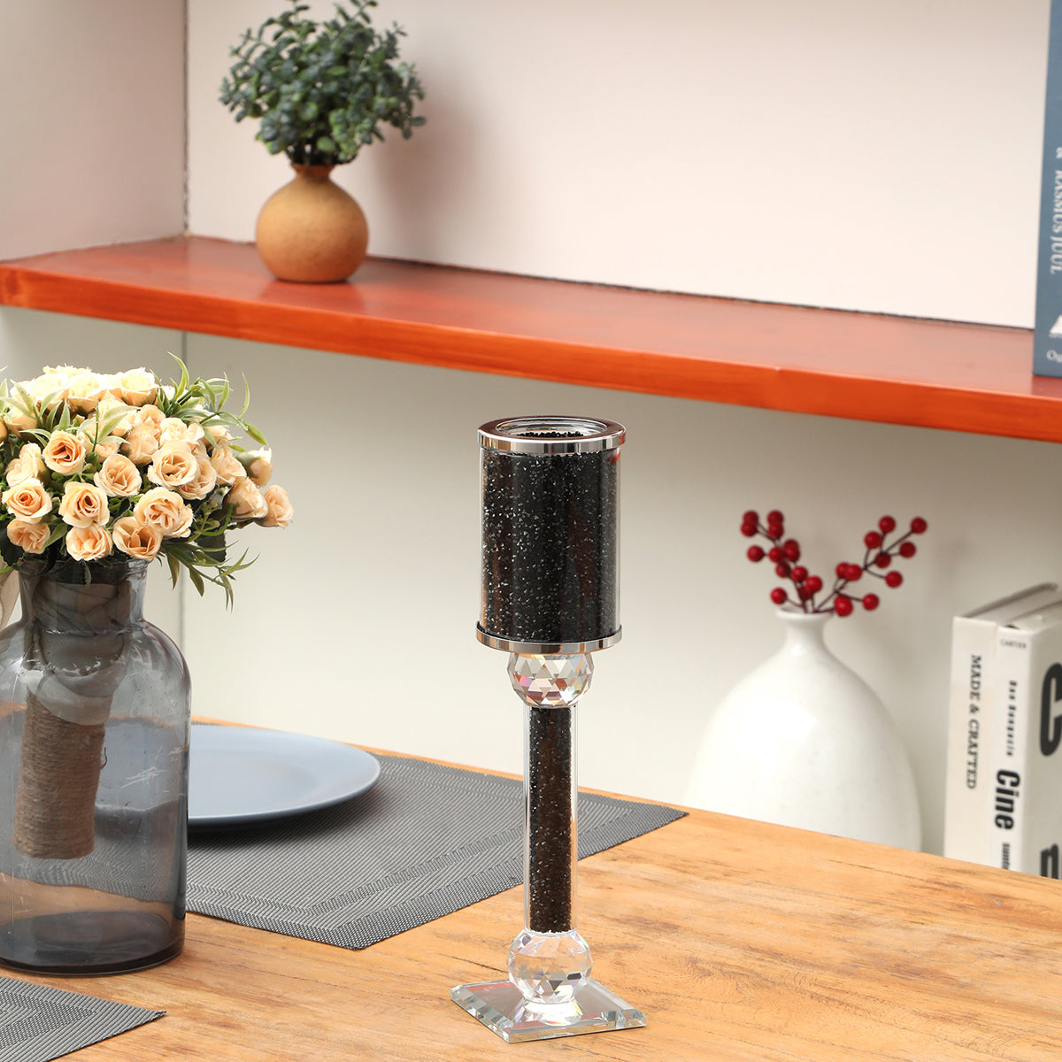 Ambrose Exquisite Large Candle Holder 2.75" L X 2.75" W X 12.25" H Black Glass