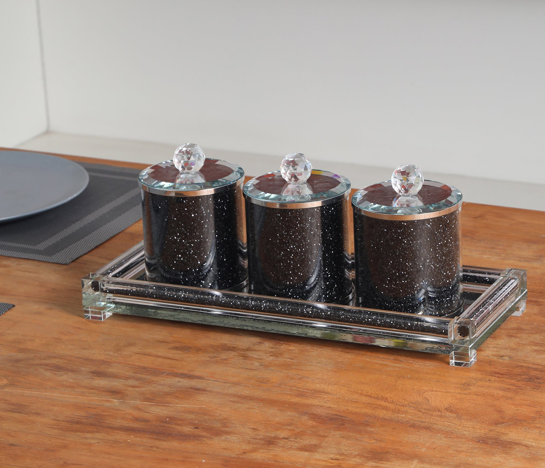 Ambrose Exquisite Tea, Sugar, Coffee Canisters with black-glass