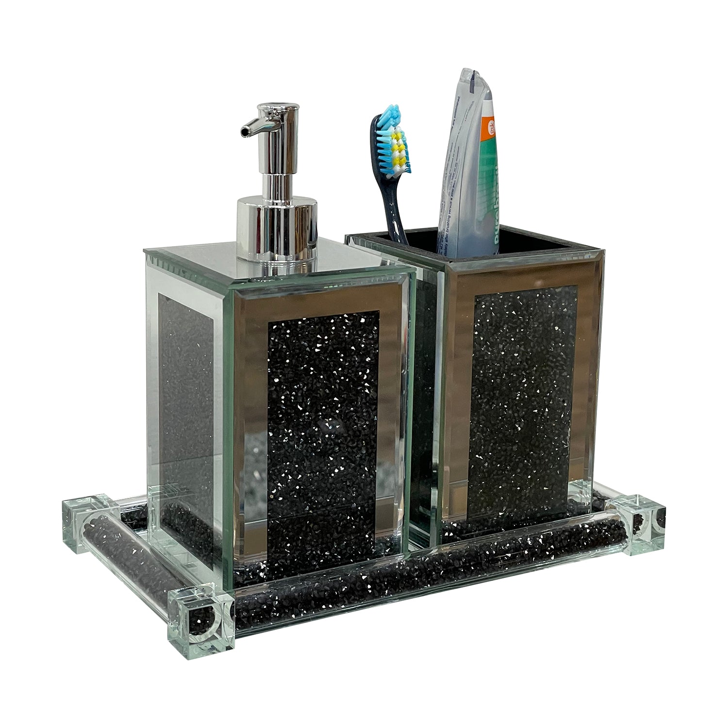 Ambrose Exquisite 3 Piece Square Soap Dispenser And Toothbrush Holder With Tray Black Glass