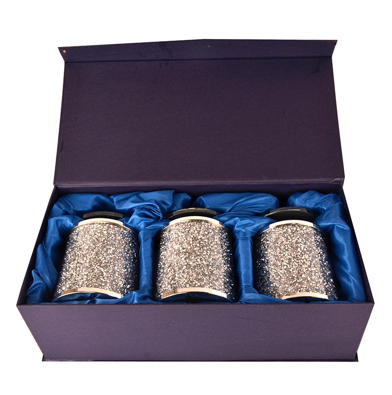 Ambrose Exquisite Tea, Sugar, Coffee Canisters With Tray In Crushed Diamond Glass In Gift Box Silver Glass