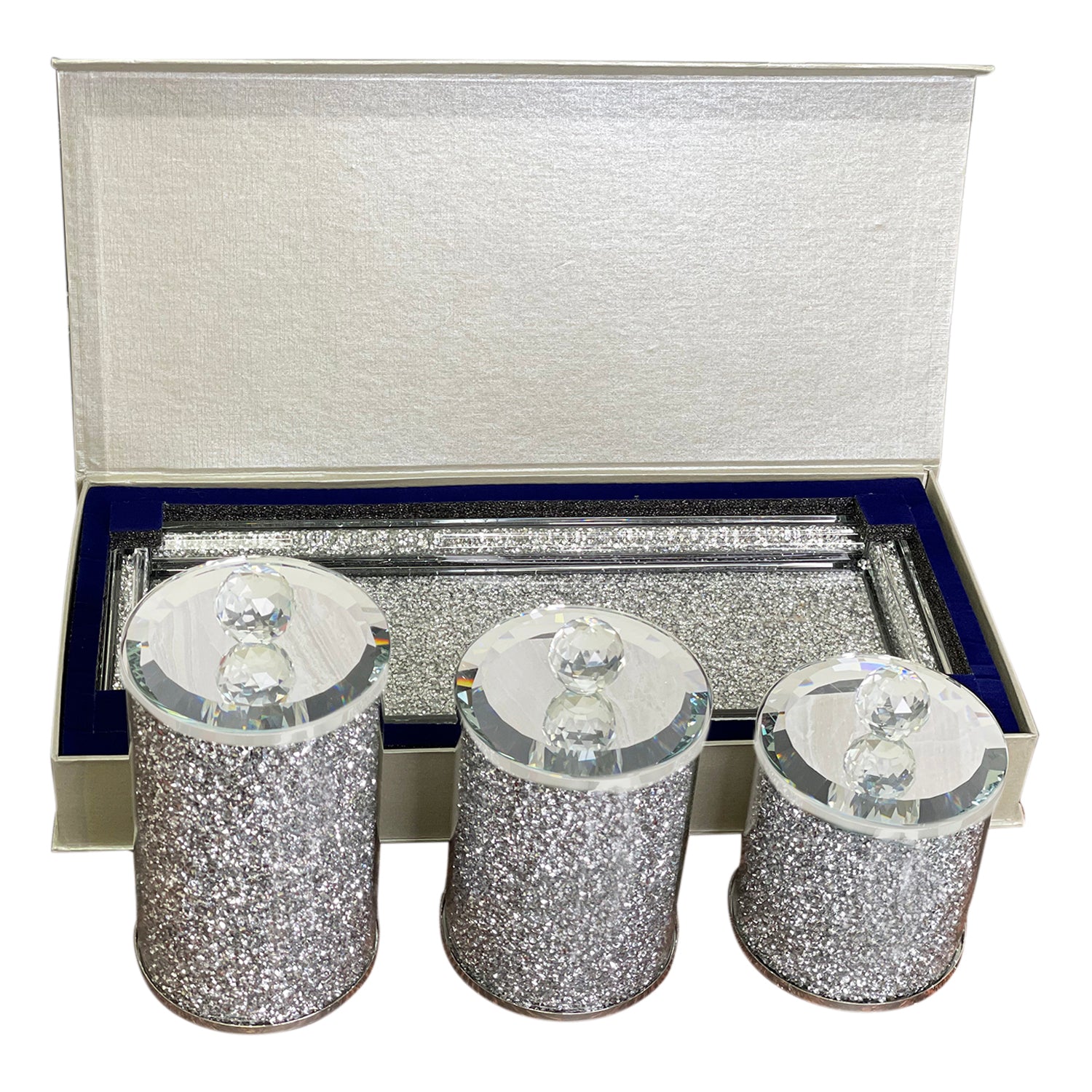 Ambrose Exquisite Three Glass Canister with Tray in silver-glass