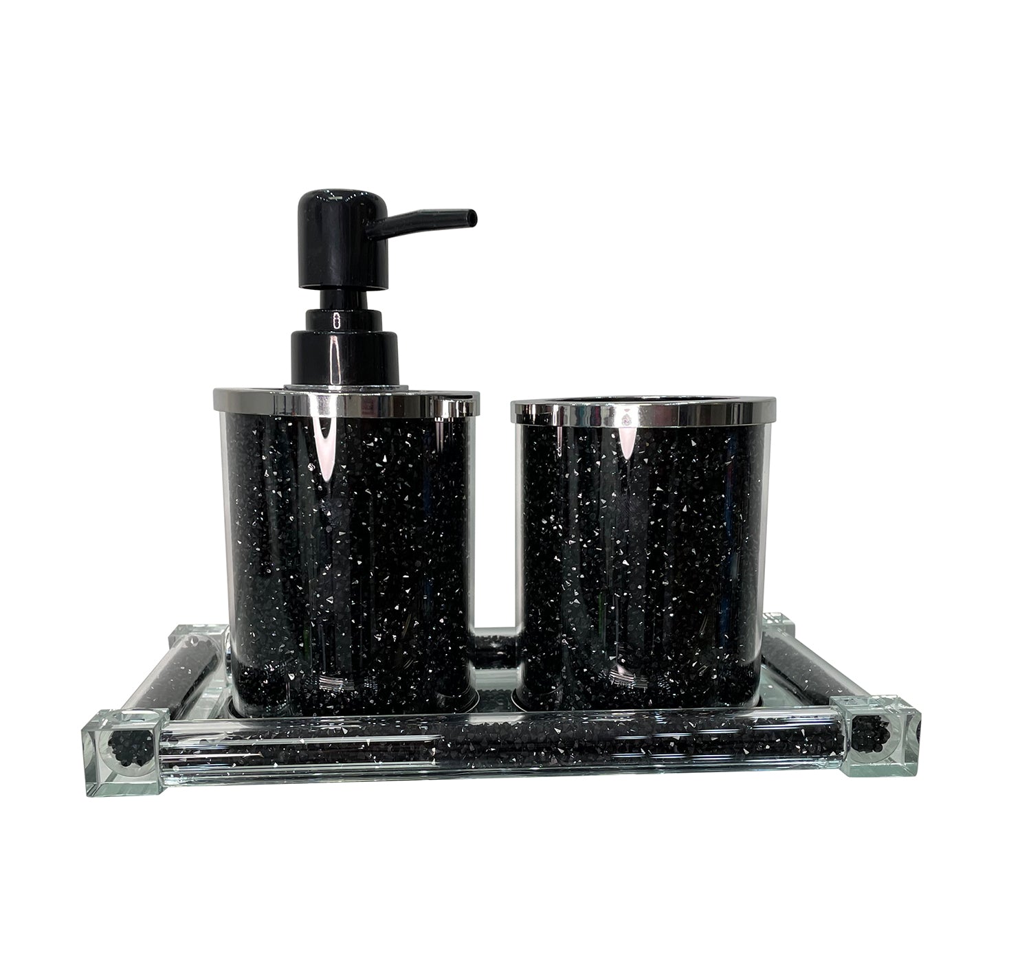 Ambrose Exquisite 3 Piece Soap Dispenser And Toothbrush Holder With Tray Black Glass