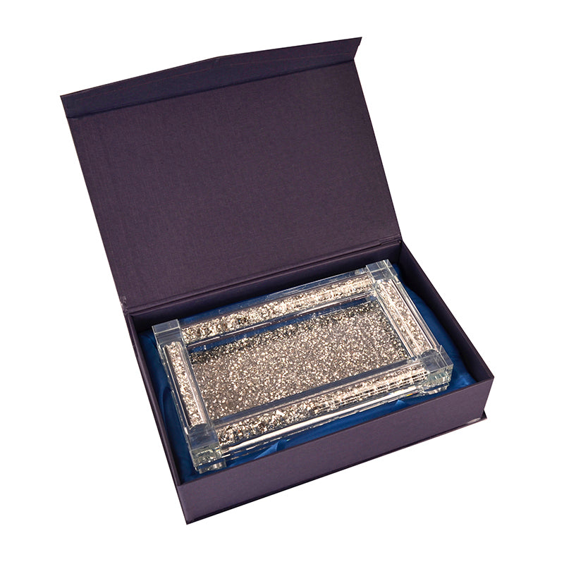 Ambrose Exquisite Tea, Sugar, Coffee Canisters With Tray In Crushed Diamond Glass In Gift Box Silver Glass