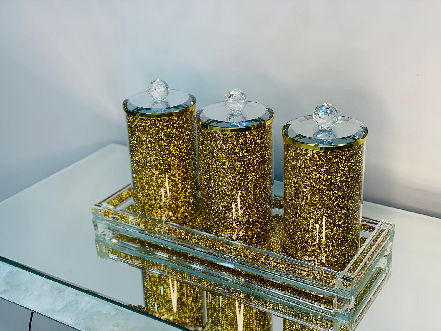 Ambrose Exquisite Three Glass Canister With Tray In Gift Box Gold Glass