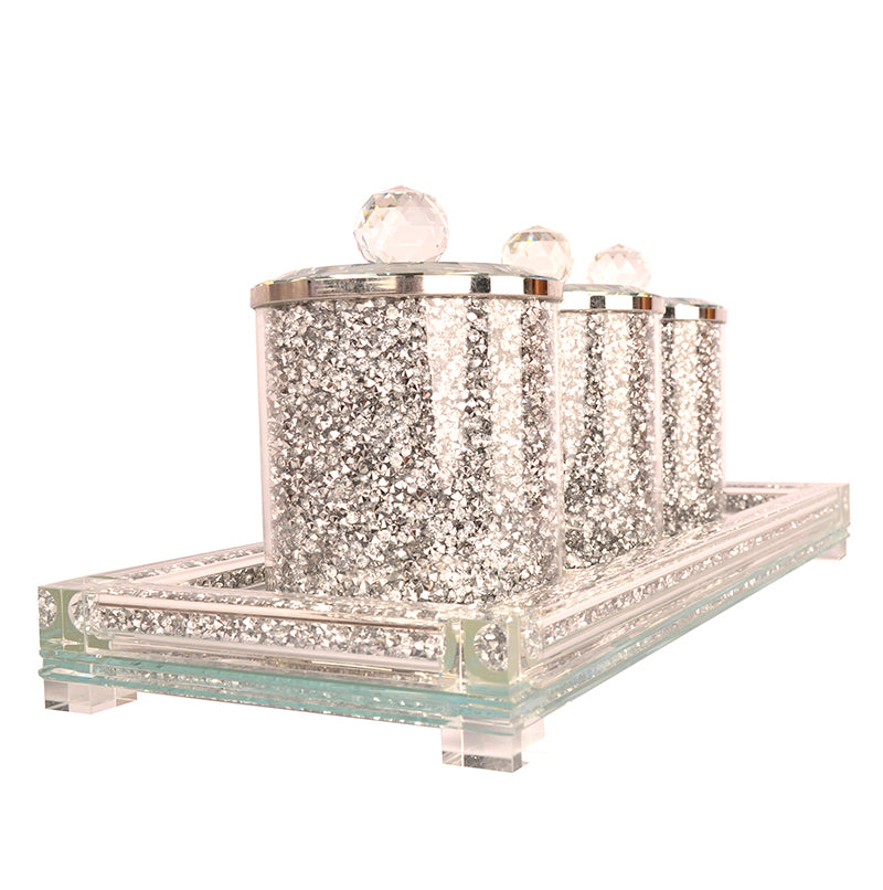 Ambrose Exquisite Tea, Sugar, Coffee Canisters With Tray In Crushed Diamond Glass In Gift Box Silver Glass