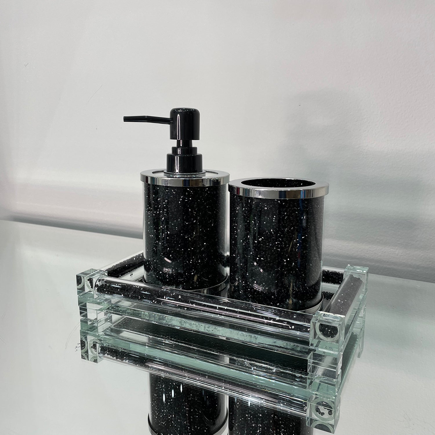 Ambrose Exquisite 3 Piece Soap Dispenser And Toothbrush Holder With Tray Black Glass