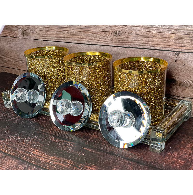 Ambrose Exquisite Tea, Sugar, Coffee Canisters With Tray In Crushed Diamond Glass In Gift Box Gold Glass