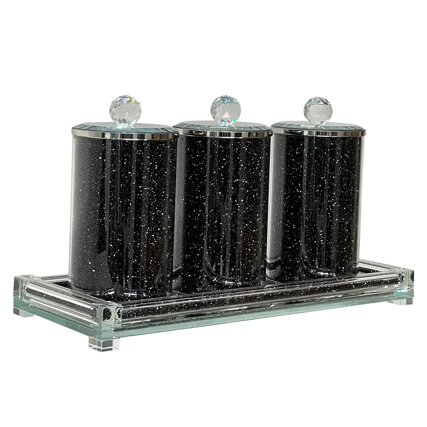 Ambrose Exquisite Three Glass Canister With Tray In Gift Box Black Glass