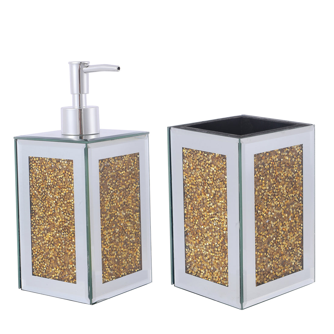 Ambrose Exquisite 2 Piece Square Soap Dispenser And Toothbrush Holder Gold Glass