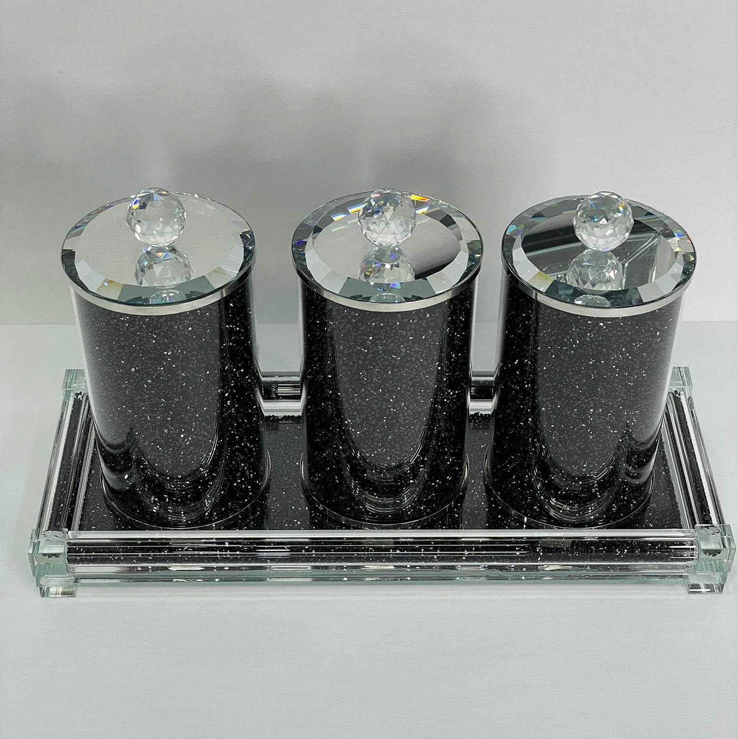 Ambrose Exquisite Three Glass Canister With Tray In Gift Box Black Glass