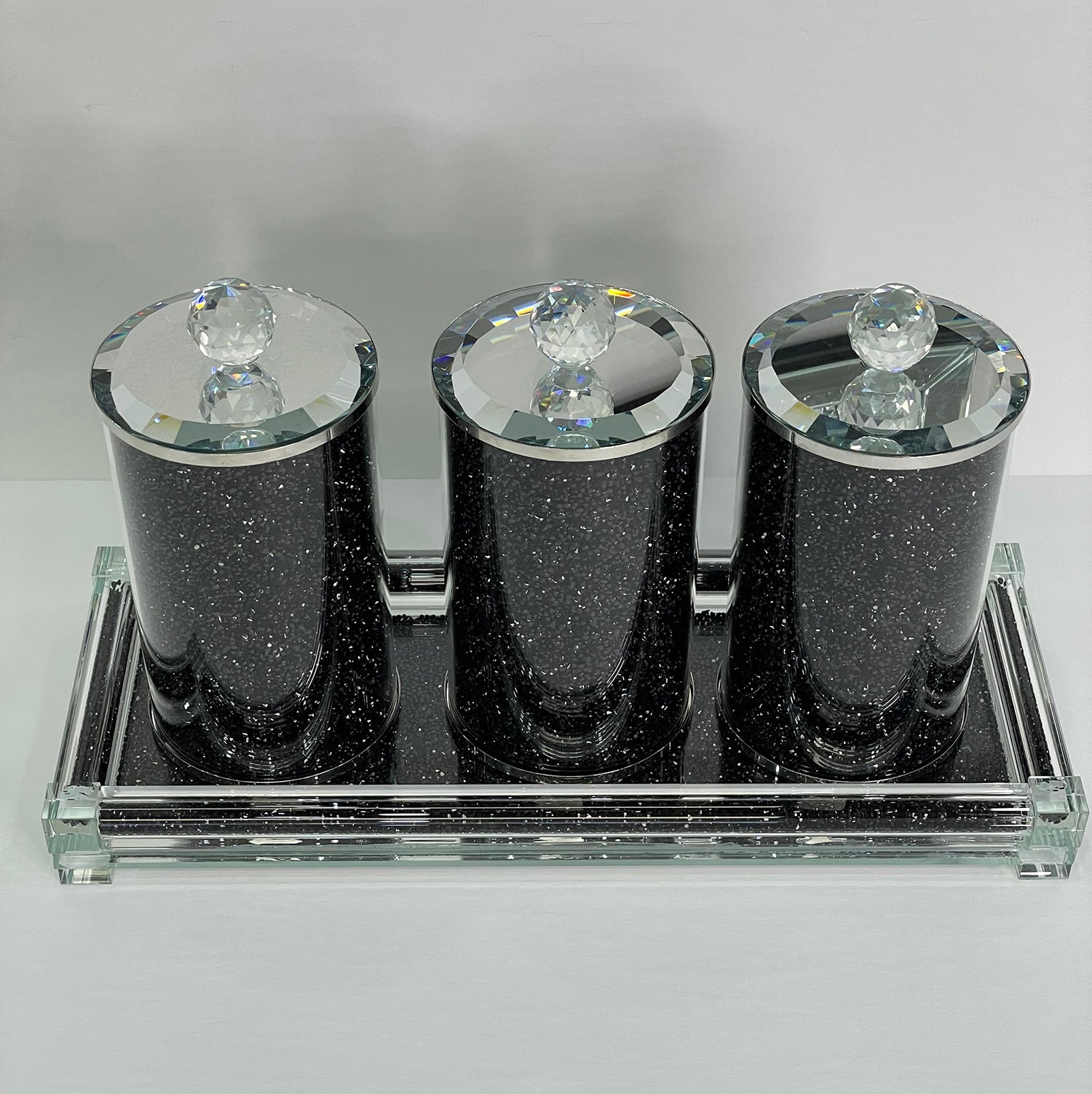 Ambrose Exquisite Three Glass Canister with Tray in black-glass