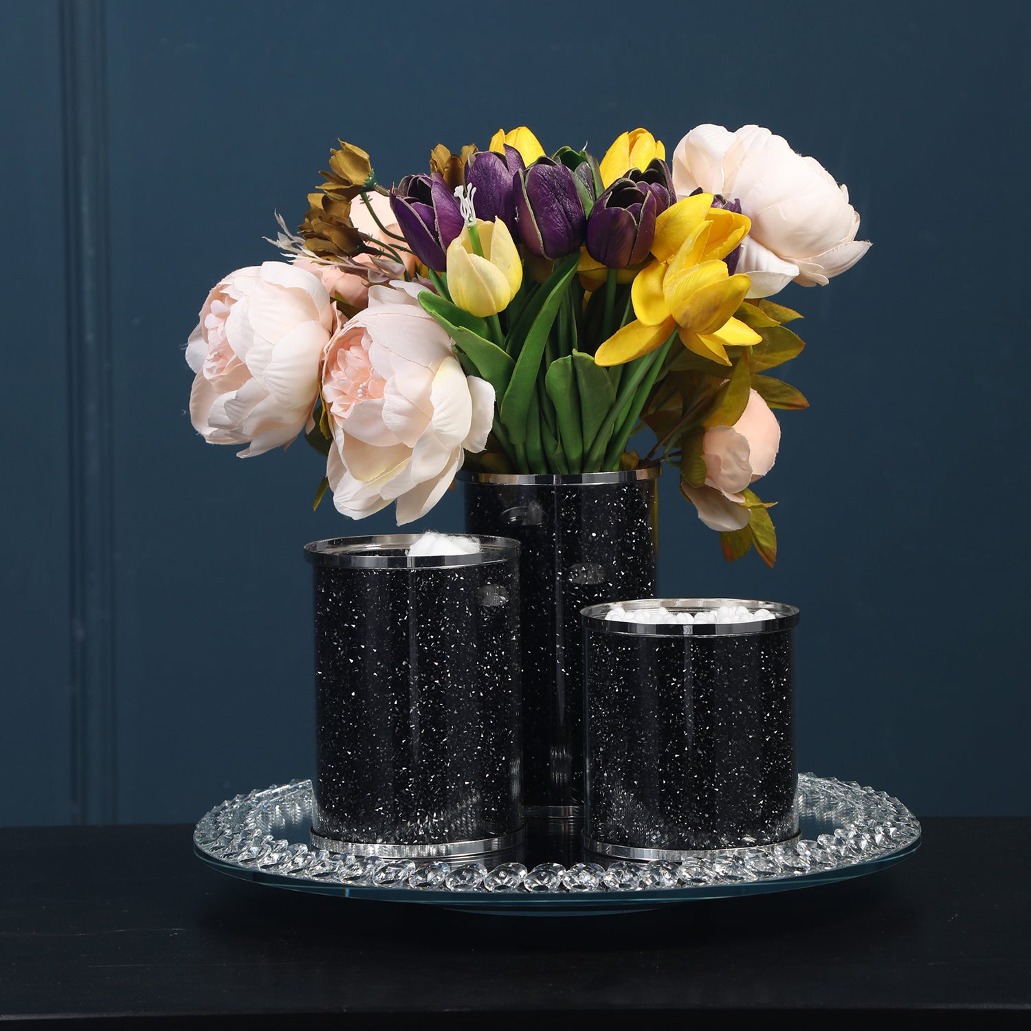 Ambrose Exquisite Three Glass Canister with Tray in black-glass