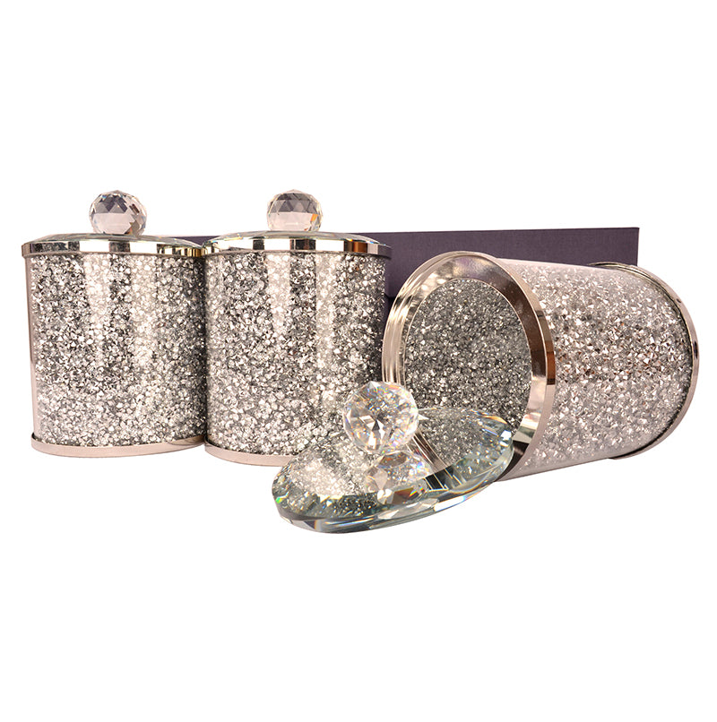 Ambrose Exquisite Tea, Sugar, Coffee Canisters With Tray In Crushed Diamond Glass In Gift Box Silver Glass