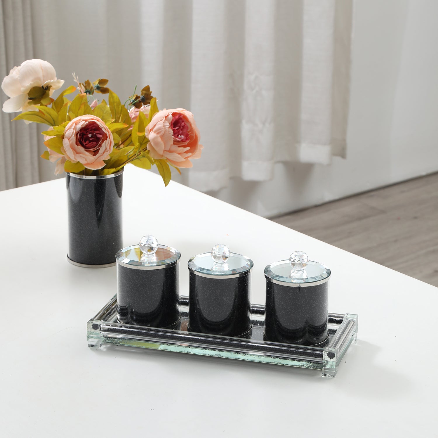 Ambrose Exquisite Tea, Sugar, Coffee Canisters with black-glass