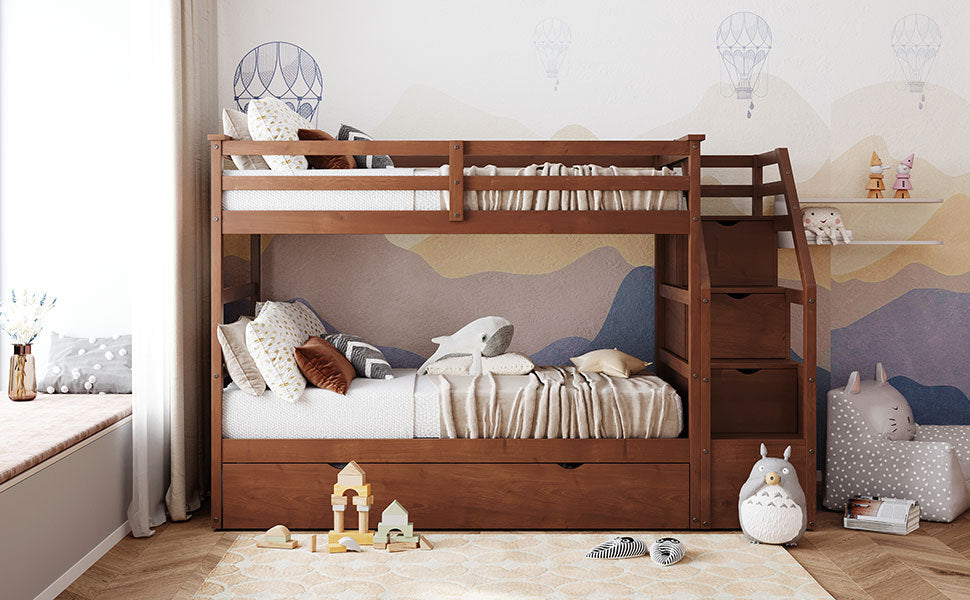 Twin Over Twin Bunk Bed With Twin Size Trundle And 3 Storage Stairs,Walnut Old Sku :Lp000064Aad Walnut Solid Wood