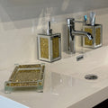 Ambrose Exquisite 3 Piece Square Soap Dispenser And Toothbrush Holder With Tray Gold Glass