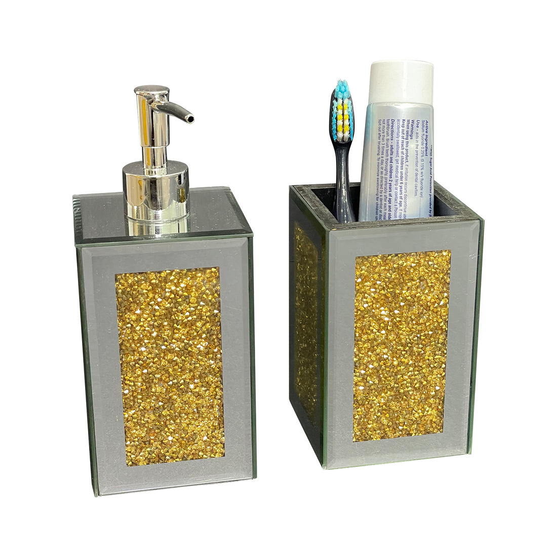 Ambrose Exquisite 2 Piece Square Soap Dispenser And Toothbrush Holder Gold Glass