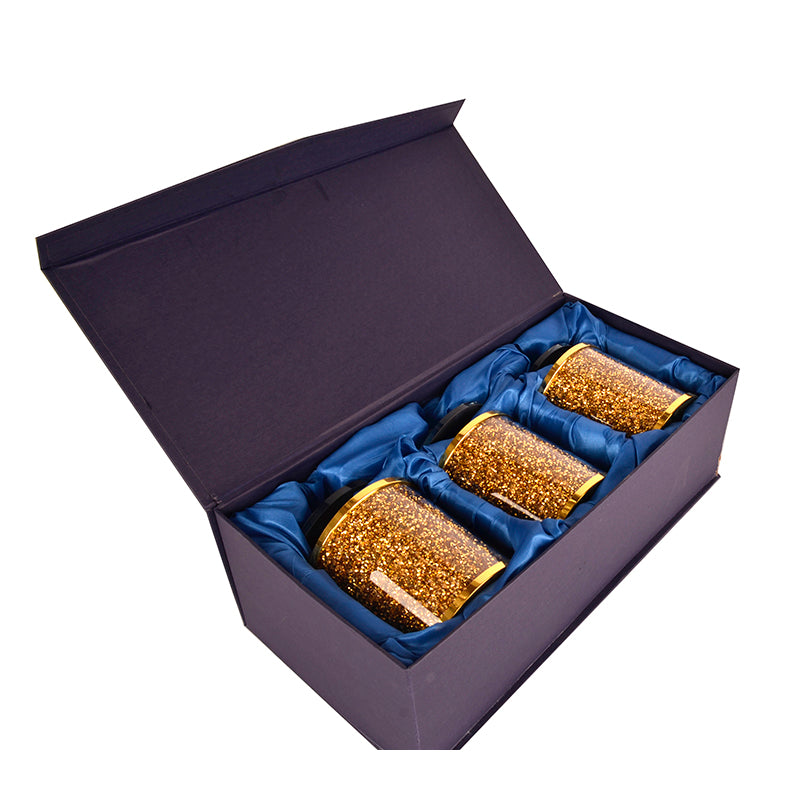 Ambrose Exquisite Tea, Sugar, Coffee Canisters With Tray In Crushed Diamond Glass In Gift Box Gold Glass