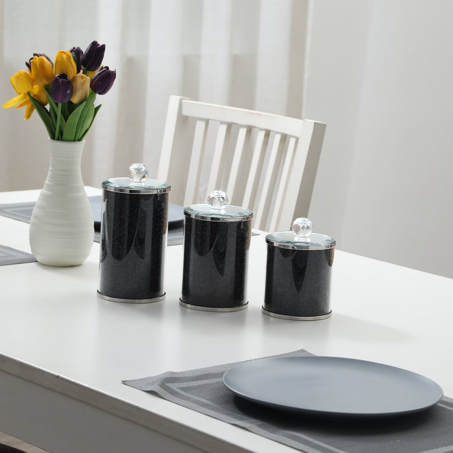 Ambrose Exquisite Three Glass Canister Set In Gift Box Black Glass