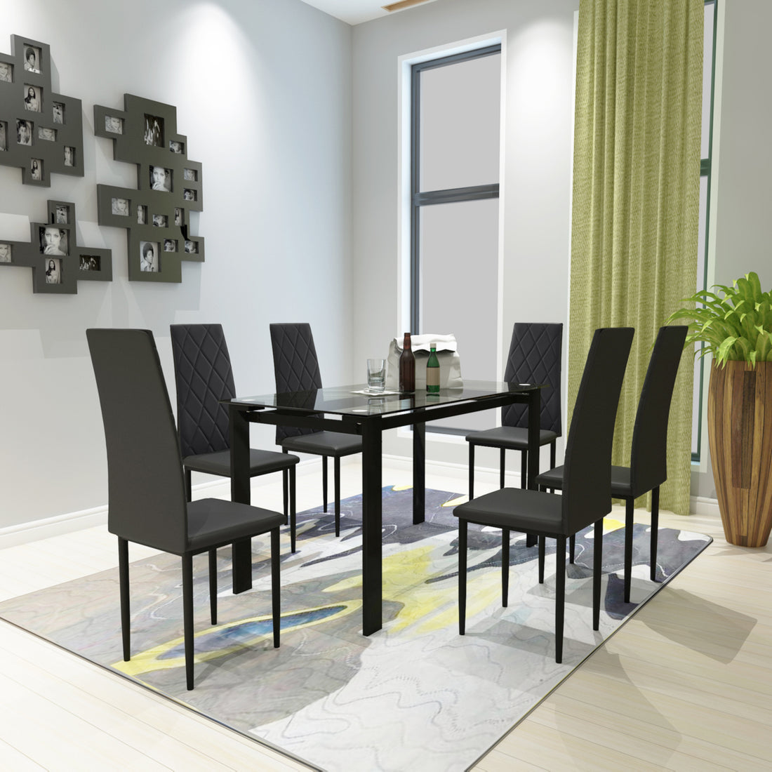 7 Piece Dining Table Set, Dining Table And Chair Black Glass