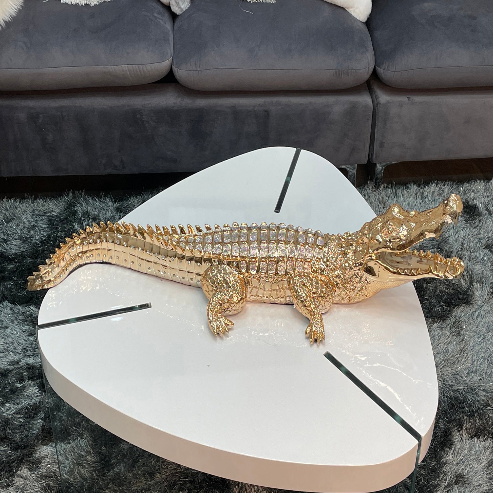 Ambrose Diamond Encrusted Gold Plated Crocodile 25"L X 9"W X 7.5"H Gold Polyresin