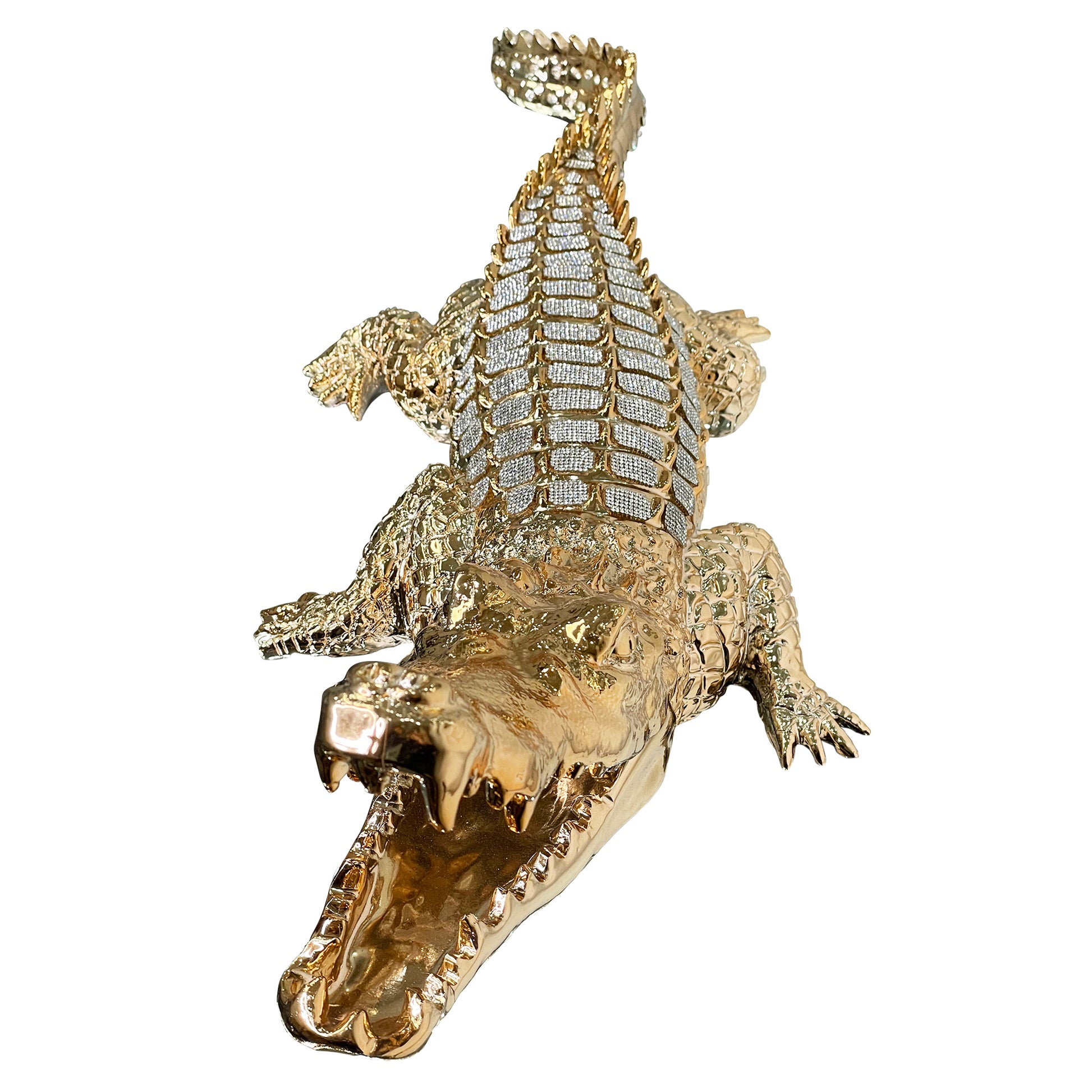 Ambrose Diamond Encrusted Gold Plated Crocodile 25"L X 9"W X 7.5"H Gold Polyresin