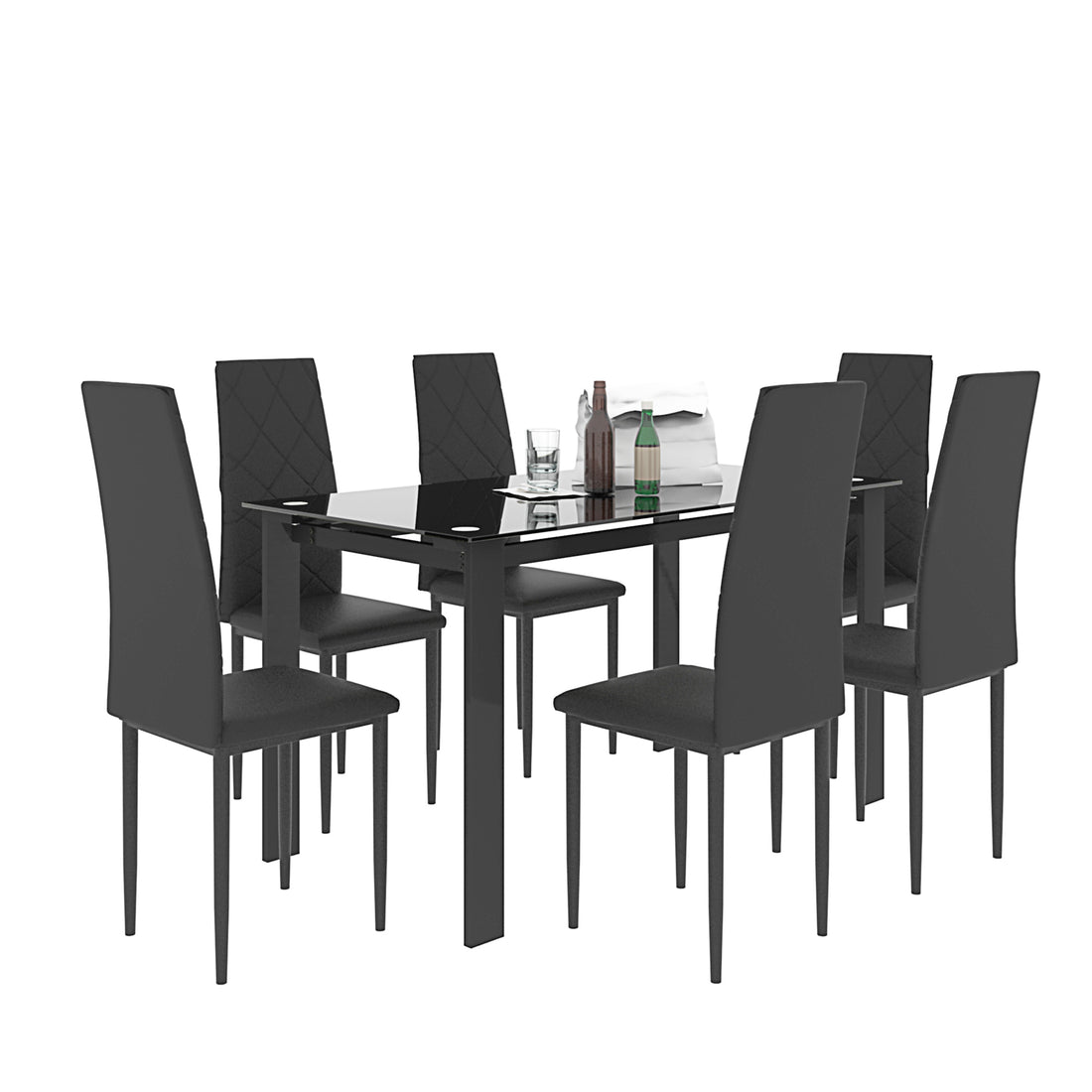 7 Piece Dining Table Set, Dining Table And Chair Black Glass