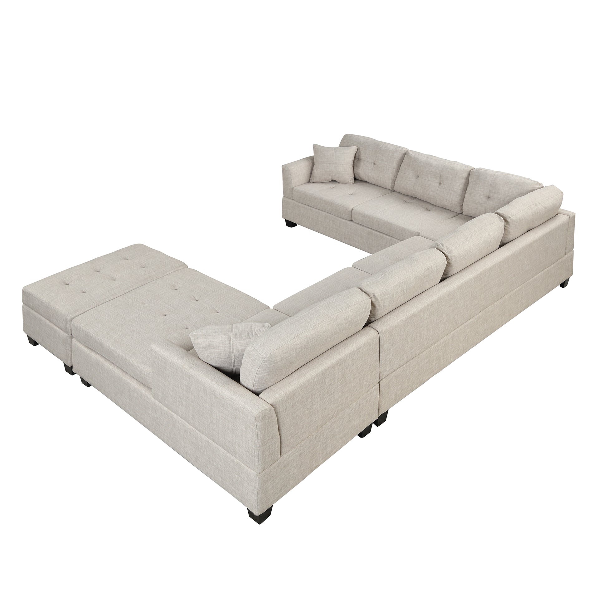 121.3" Oversized Sectional Sofa With Storage Ottoman, U Shaped Sectional Couch With 2 Throw Pillows For Large Space Dorm Apartment Beige Foam Linen