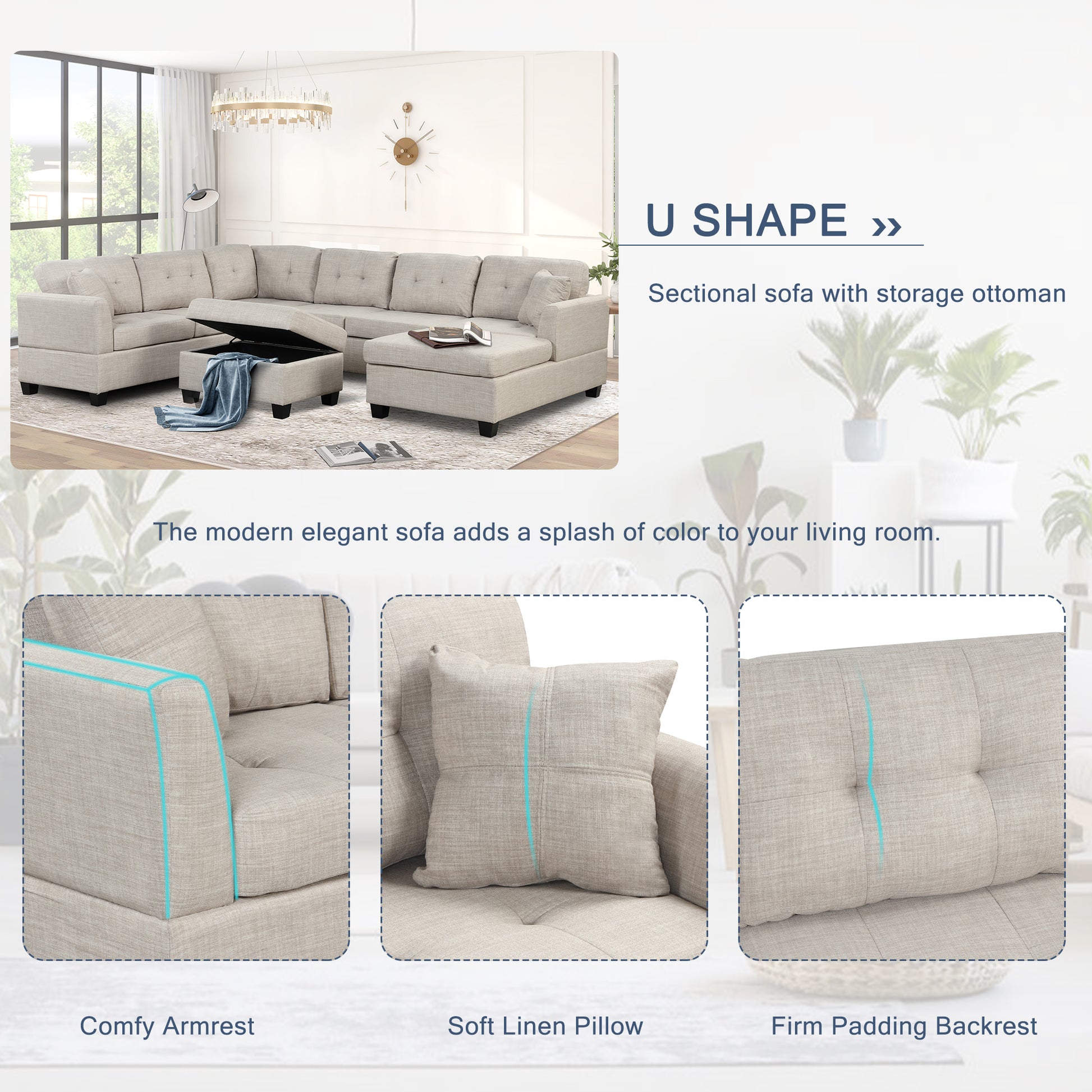 121.3" Oversized Sectional Sofa With Storage Ottoman, U Shaped Sectional Couch With 2 Throw Pillows For Large Space Dorm Apartment Beige Foam Linen