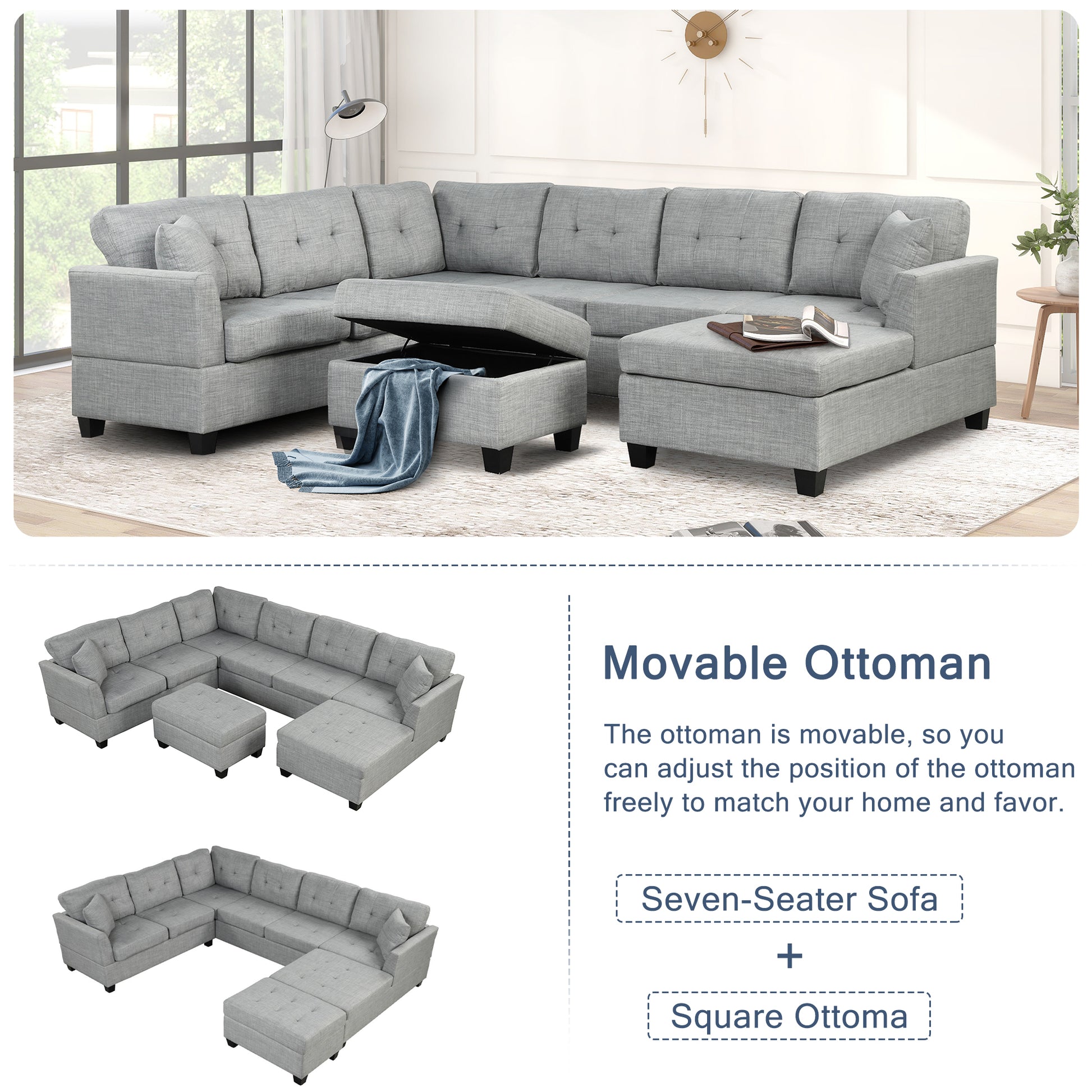 121.3" Oversized Sectional Sofa With Storage Ottoman, U Shaped Sectional Couch With 2 Throw Pillows For Large Space Dorm Apartment Light Grey Foam Linen