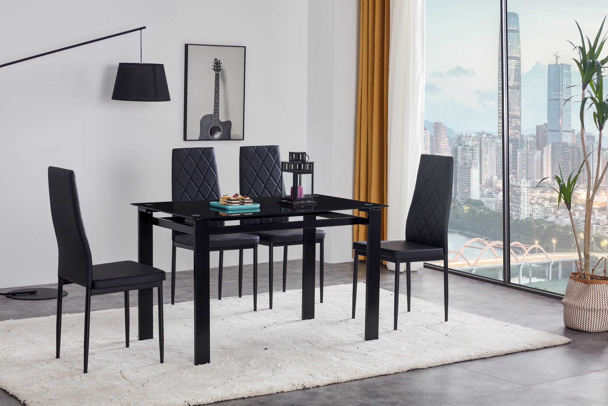 5 Piece Dining Table Set, Dining Table And Chair Black Pu Glass