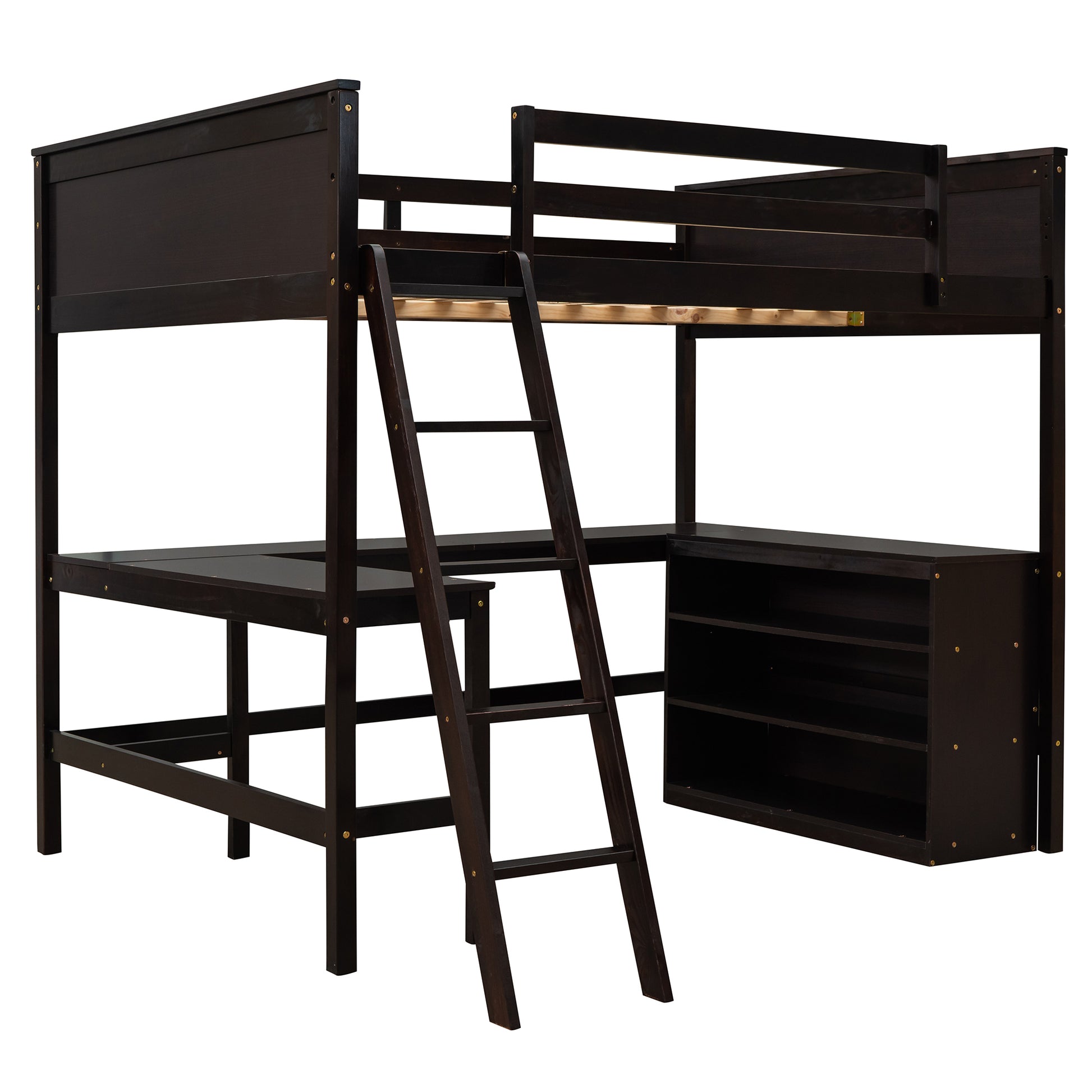 Full size Loft Bed with Shelves and Desk, Wooden Loft espresso-solid wood