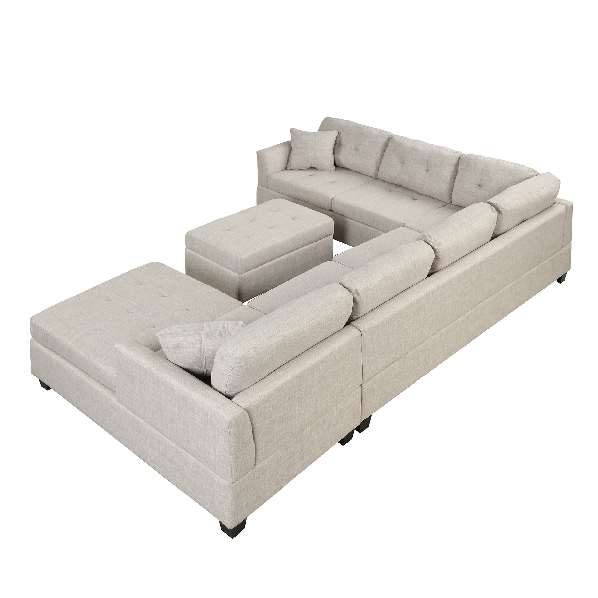 121.3" Oversized Sectional Sofa With Storage Ottoman, U Shaped Sectional Couch With 2 Throw Pillows For Large Space Dorm Apartment Beige Foam Linen