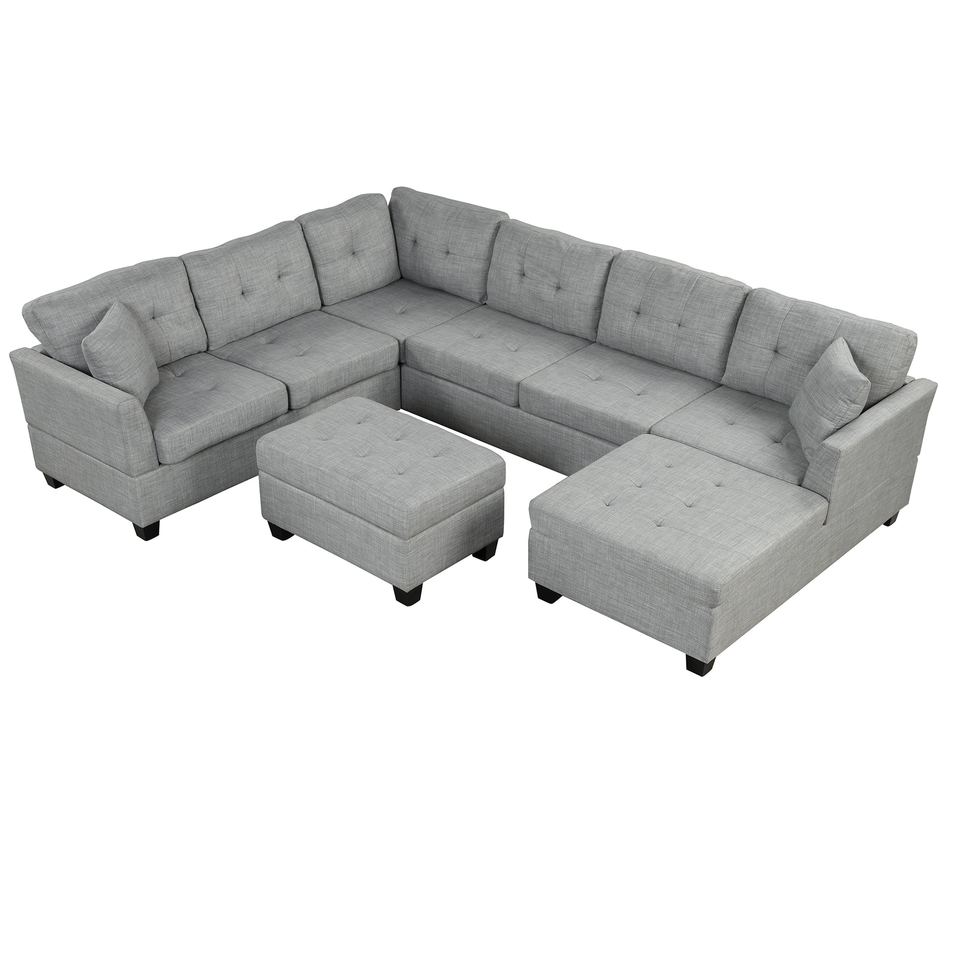 121.3" Oversized Sectional Sofa With Storage Ottoman, U Shaped Sectional Couch With 2 Throw Pillows For Large Space Dorm Apartment Light Grey Foam Linen