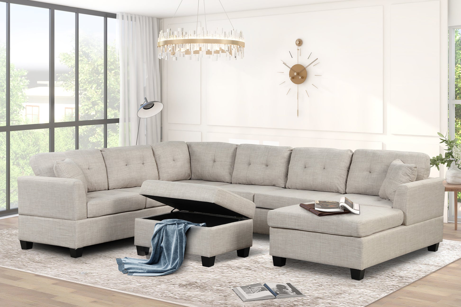 121.3" Oversized Sectional Sofa With Storage Ottoman, U Shaped Sectional Couch With 2 Throw Pillows For Large Space Dorm Apartment Beige Foam Linen