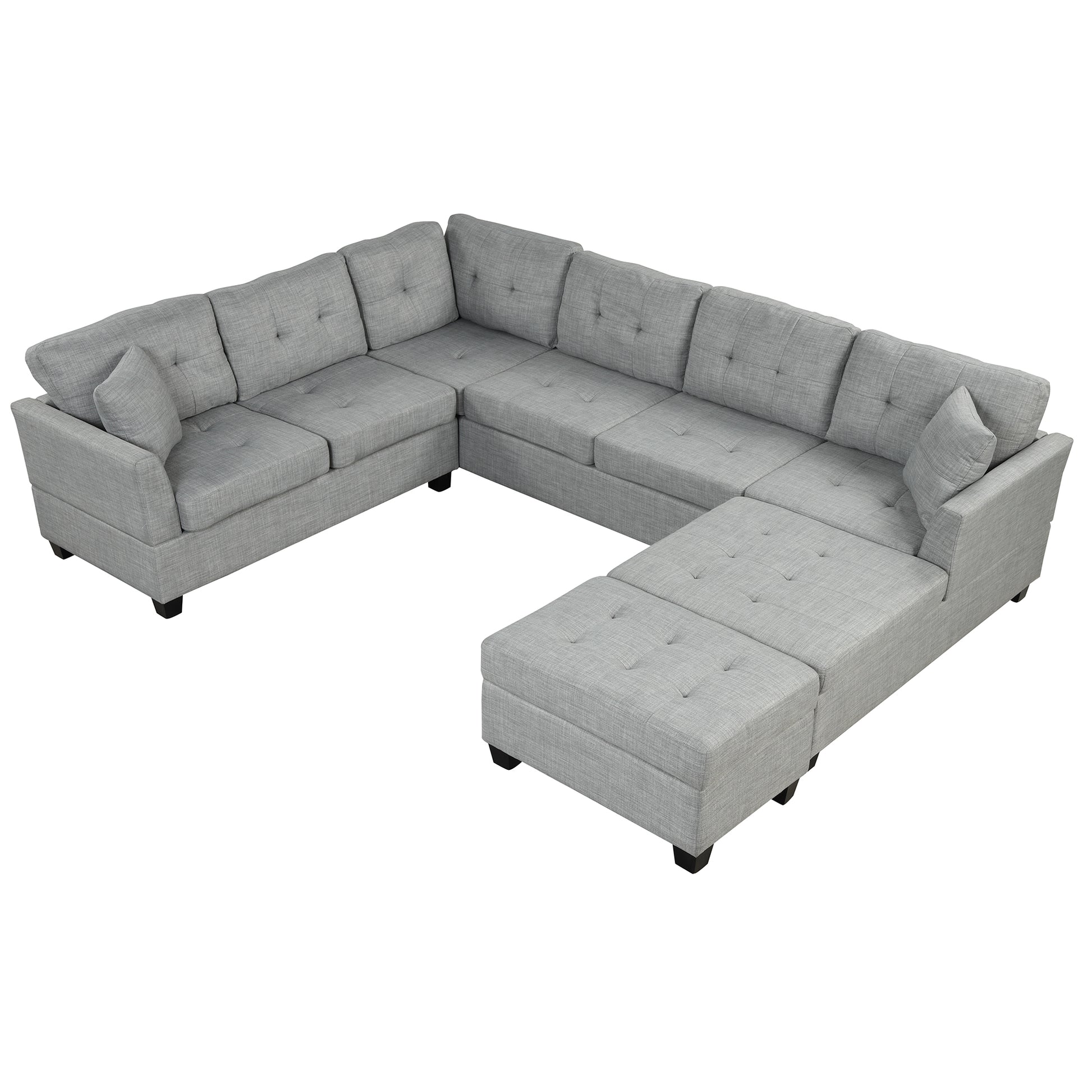 121.3" Oversized Sectional Sofa With Storage Ottoman, U Shaped Sectional Couch With 2 Throw Pillows For Large Space Dorm Apartment Light Grey Foam Linen