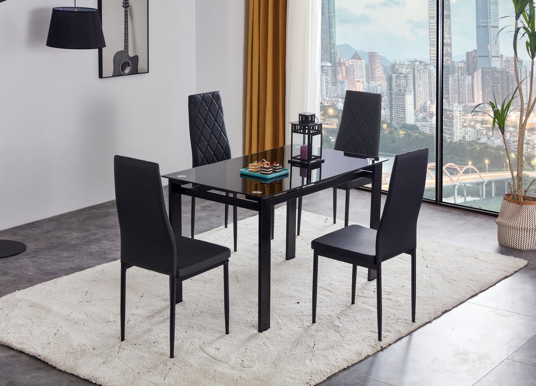 5 Piece Dining Table Set, Dining Table And Chair Black Pu Glass