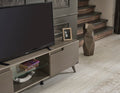 Furnishome Store Denver Mid Century Modern Tv Stand 2 Door Cabinets 1 Glass Shelf 66 Inch Tv Unit, Brown Brown Solid Wood