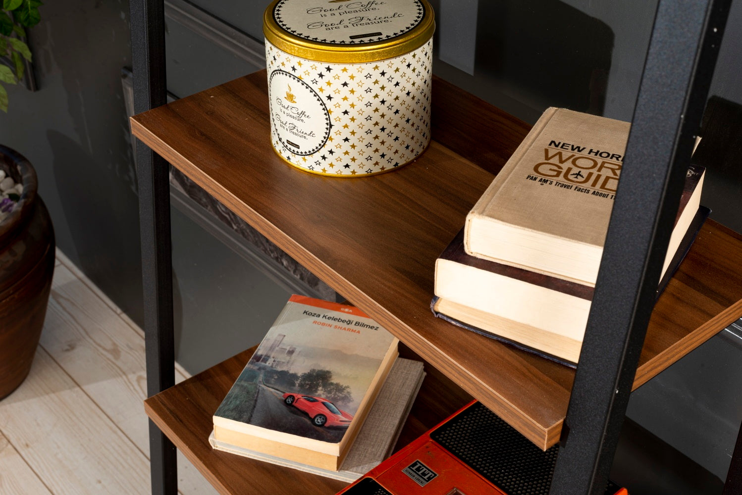 Leon 5 Tier Modern Ladder Bookshelf Organizers, Metal walnut-solid wood