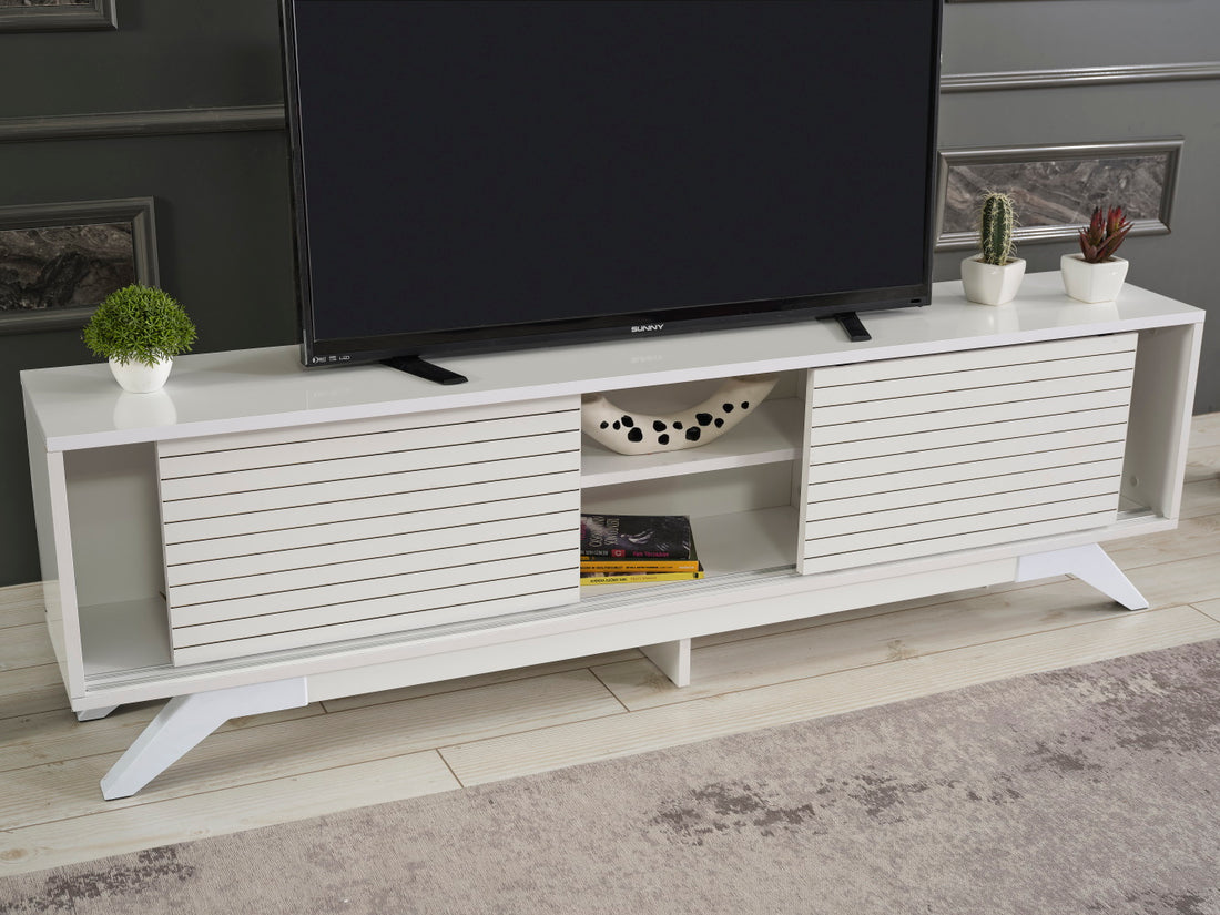 Furnishome Store Luxia Mid Century Modern Tv Stand 2 Sliding Door Cabinet 2 Shelves 67 Inch Tv Uni, White White Solid Wood