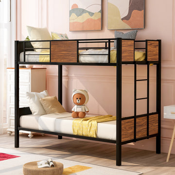 Twin Over Twin Bunk Bed Modern Style Steel Frame Bunk Bed With Safety Rail, Built In Ladder For Bedroom, Dorm, Boys, Girls, Adults Old Sku:Mf190839Aad Twin Brown Metal