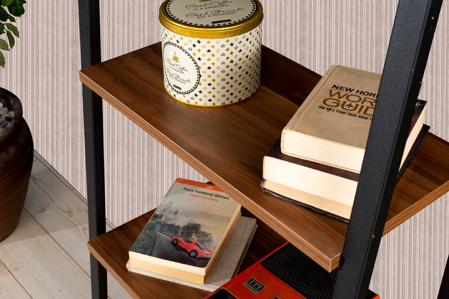 Leon 5 Tier Modern Ladder Bookshelf Organizers, Metal walnut-solid wood