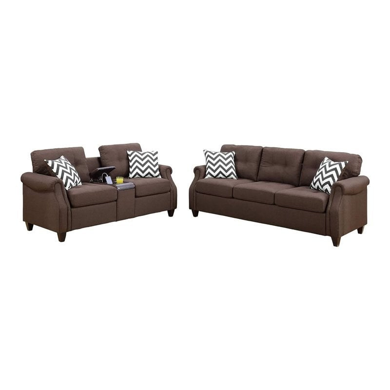 2Pcs Sofa Set Living Room Furniture Dark Coffee Plush Polyfiber Sofa Loveseat W Console Pillows Couch Coffee Wood Primary Living Space Cushion Back Contemporary,Modern Pillow Top Arms Solid Wood 5 Seat