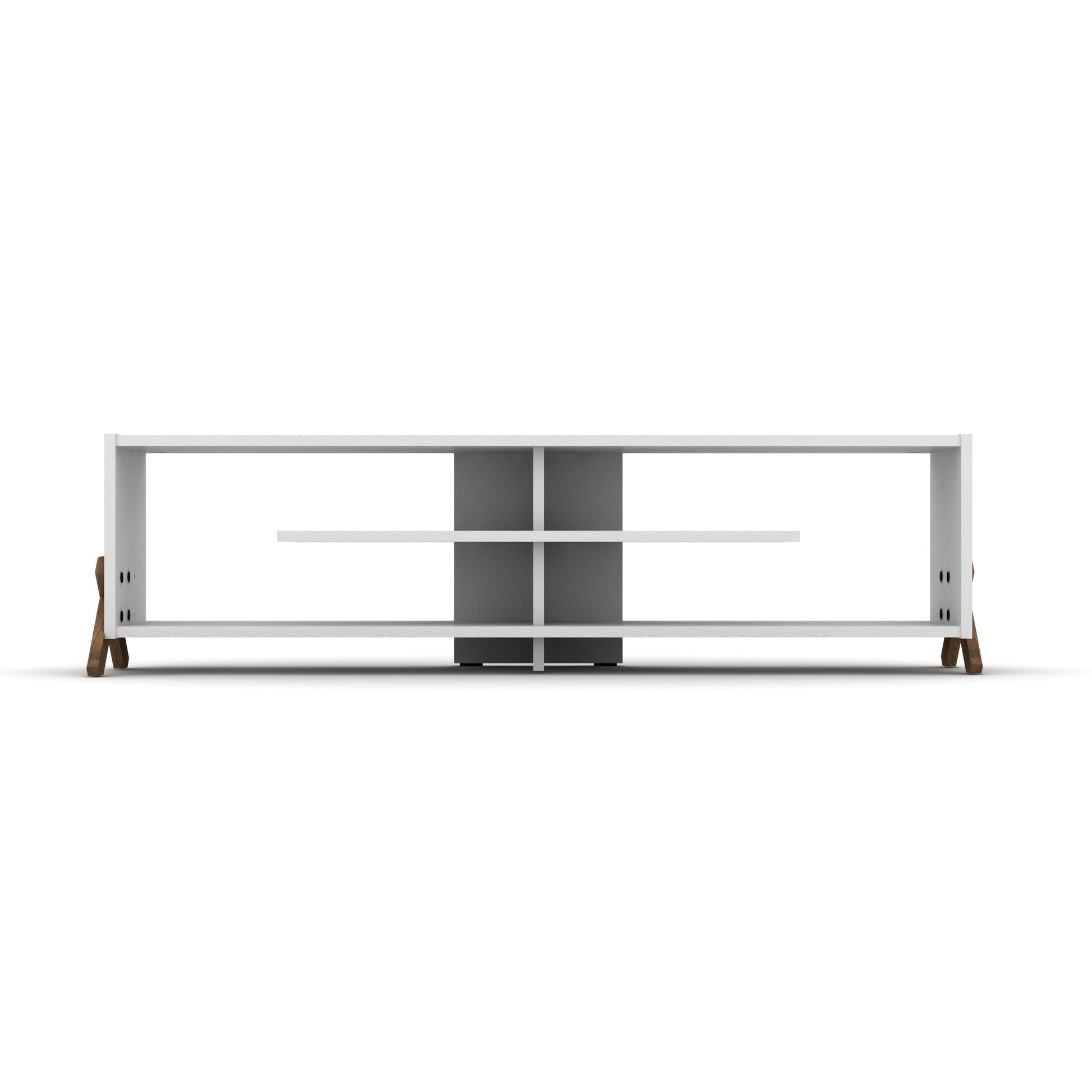 Furnishome Store Mid Century Modern Tv Stand 4 Shelves Open Storage Wood Legs Entertainment Centre 57 Inch Low Tv Unit, Walnut White Walnut Solid Wood