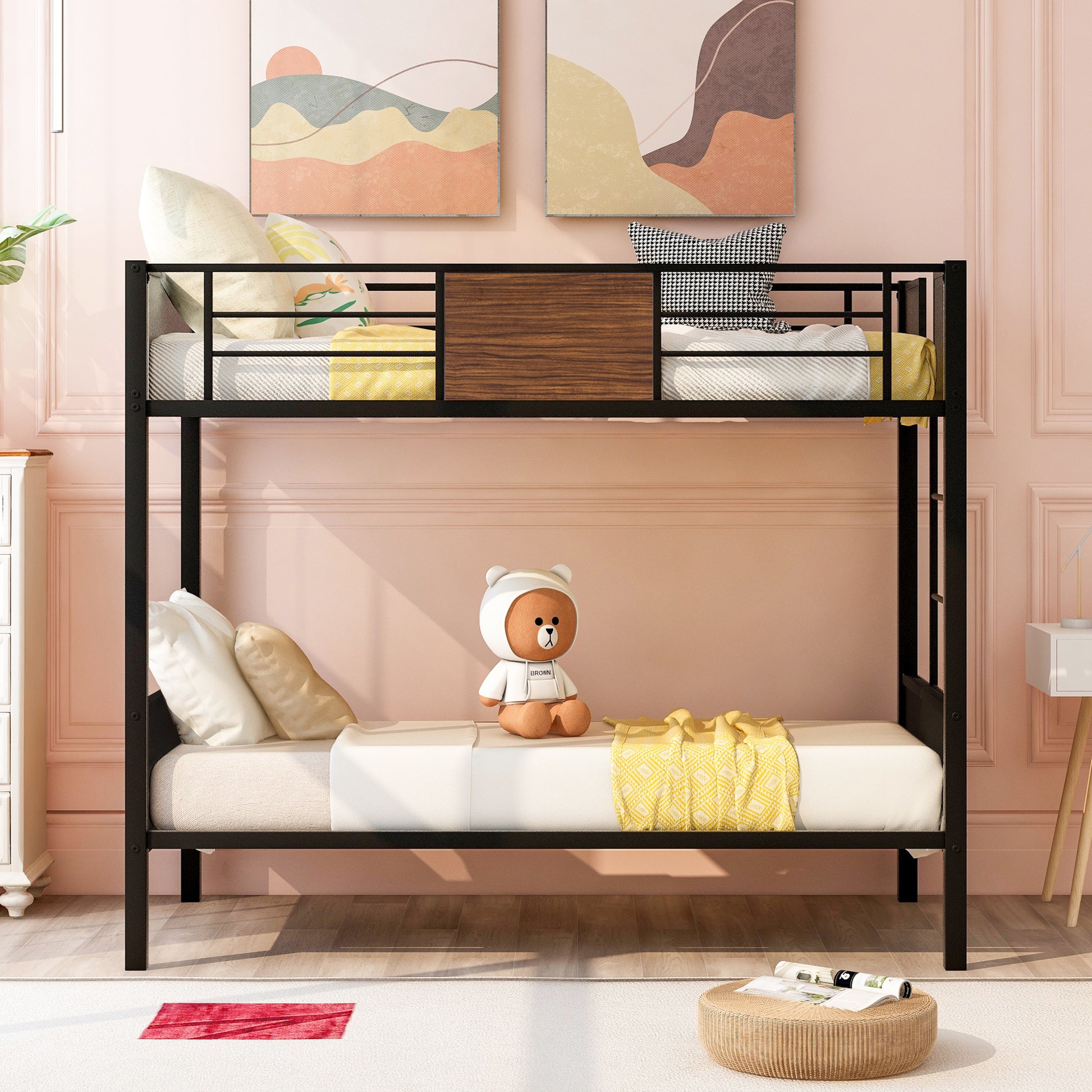 Twin Over Twin Bunk Bed Modern Style Steel Frame Bunk Bed With Safety Rail, Built In Ladder For Bedroom, Dorm, Boys, Girls, Adults Old Sku:Mf190839Aad Twin Brown Metal
