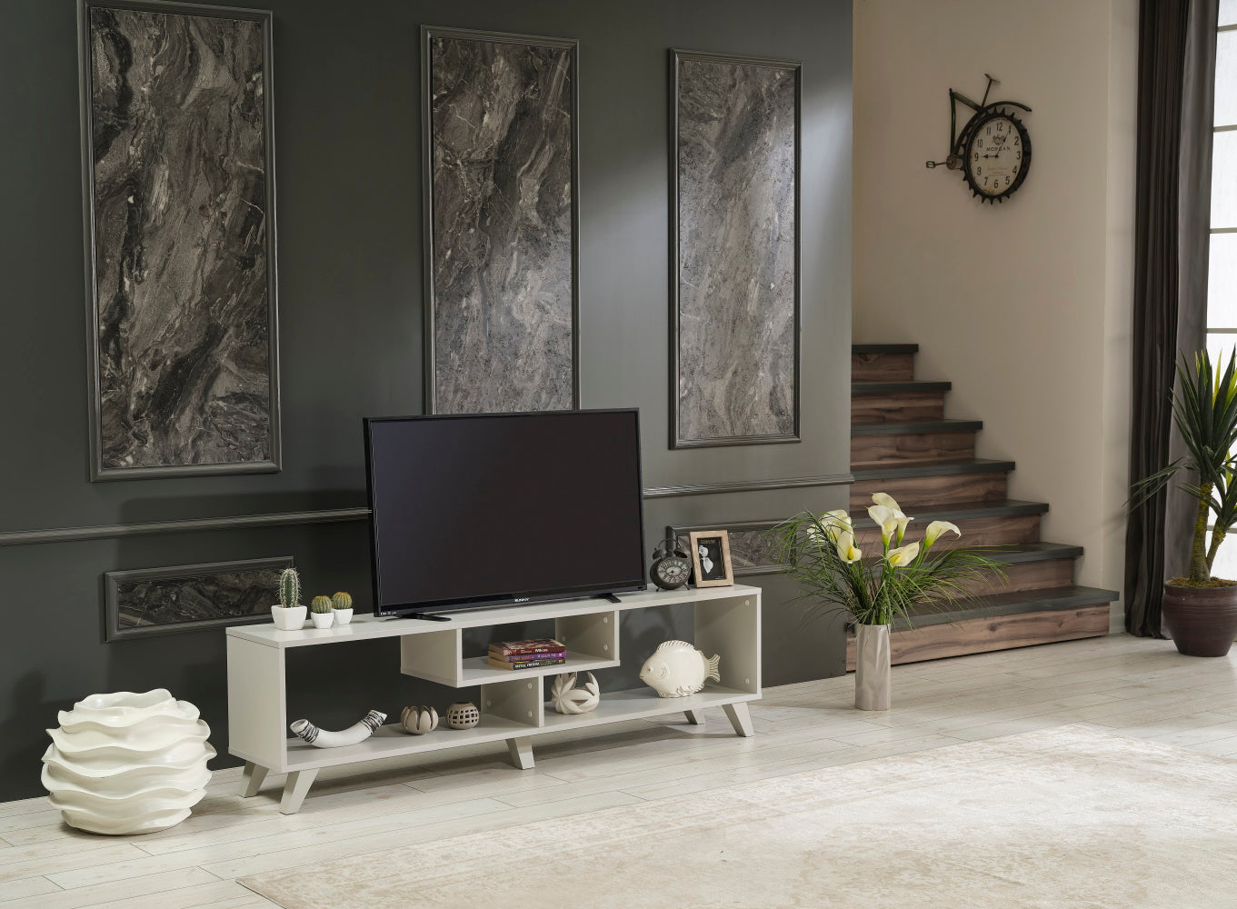 Furnishome Store Parma Mid Century Modern Tv Stand Open Shelving Entertainment Centre 67 Inch Tv Unit, Grey Grey Solid Wood