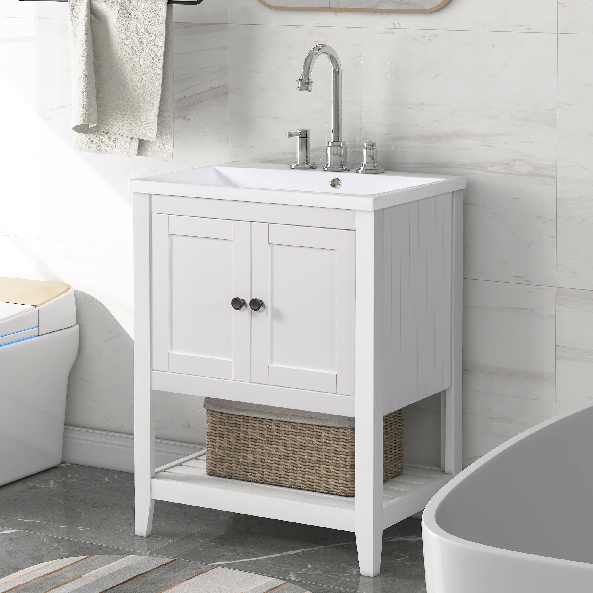 VIDEO 24" White Modern Sleek Bathroom Vanity Elegant white-solid wood