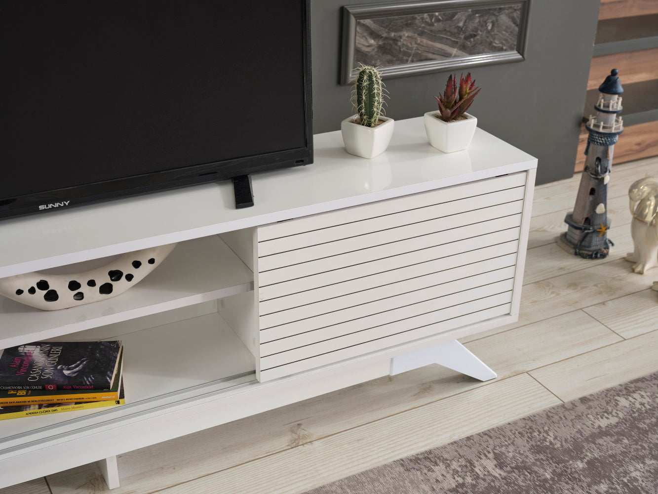 Furnishome Store Luxia Mid Century Modern Tv Stand 2 Sliding Door Cabinet 2 Shelves 67 Inch Tv Uni, White White Solid Wood