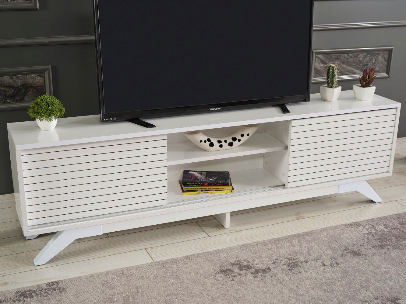 Furnishome Store Luxia Mid Century Modern Tv Stand 2 Sliding Door Cabinet 2 Shelves 67 Inch Tv Uni, White White Solid Wood