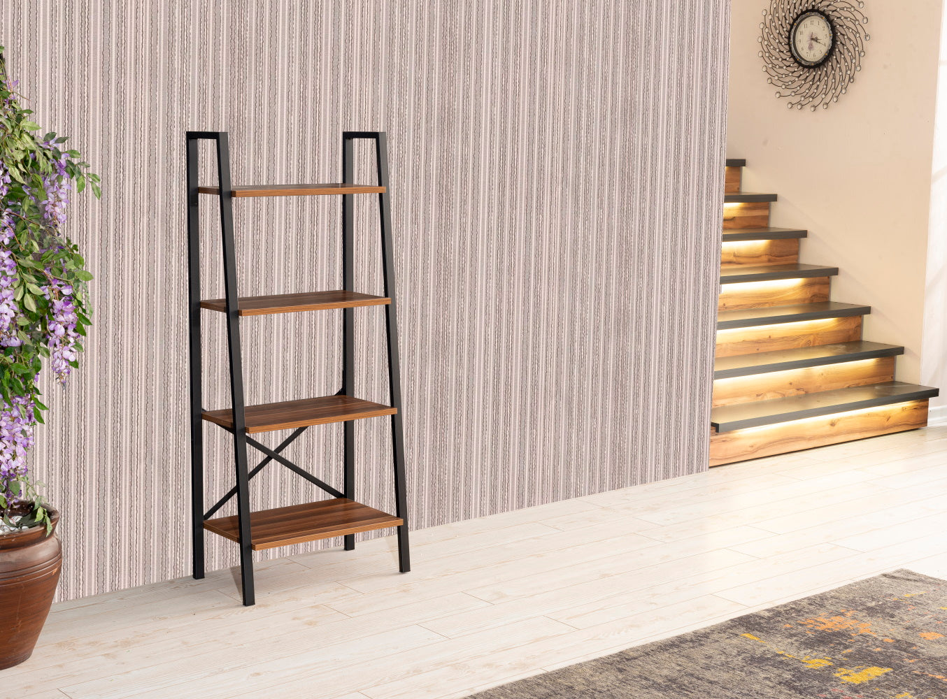 Leon 5 Tier Modern Ladder Bookshelf Organizers, Metal Frame Bookshelf For Small Spaces In Your Living Rooms, Office Furniture Bookcase, Walnut Walnut Solid Wood